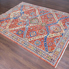 Crimson Red Hand Knotted Wool Heriz Style Oriental Carpet