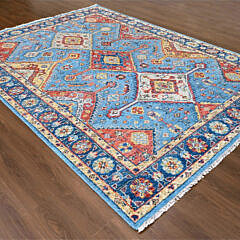 Blue and Rust Hand Knotted Wool Shiraz Design Oriental Carpet