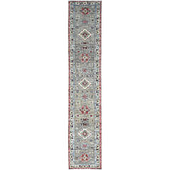Gray Hand Knotted Natural Dyes Wool Kazak Oriental Carpet Runner