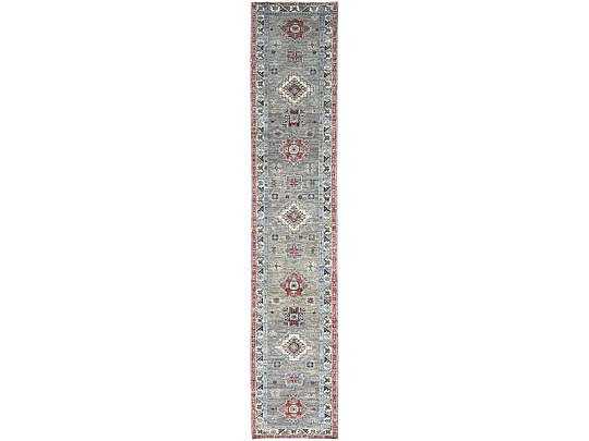 Gray Hand Knotted Natural Dyes Wool Kazak Oriental Carpet Runner