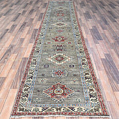 Gray Hand Knotted Natural Dyes Wool Kazak Oriental Carpet Runner