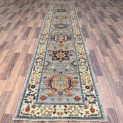 Garden Gray and Creme Hand Knotted Pure Wool Kazak Style Oriental Carpet Runner