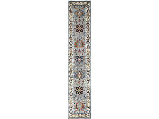 Garden Gray and Creme Hand Knotted Pure Wool Kazak Style Oriental Carpet Runner
