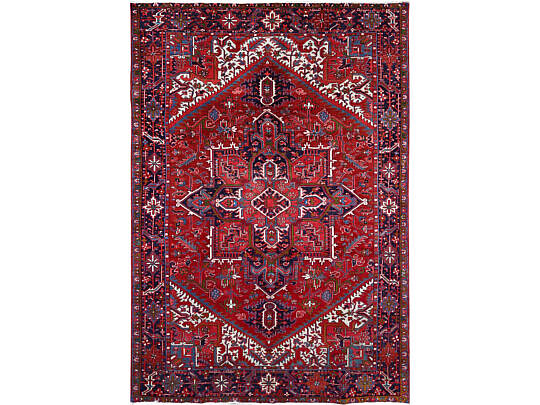 Vintage Persian Pepper Red and Blue Hand Knotted Wool Heriz Oriental Carpet