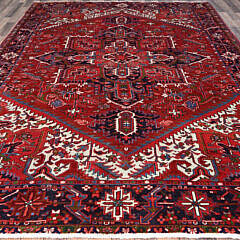 Vintage Persian Pepper Red and Blue Hand Knotted Wool Heriz Oriental Carpet