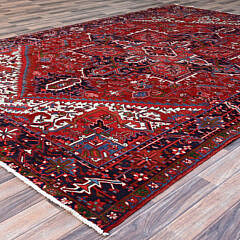 Vintage Persian Pepper Red and Blue Hand Knotted Wool Heriz Oriental Carpet