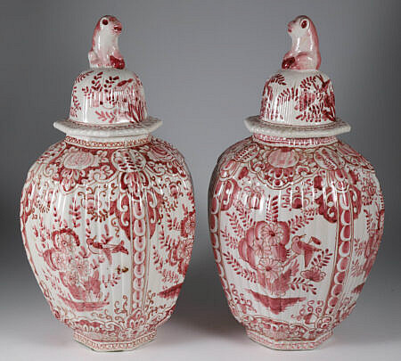 Pair of Rouge Delft Ceramic Covered Temple Jars