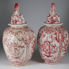 Pair of Rouge Delft Ceramic Covered Temple Jars