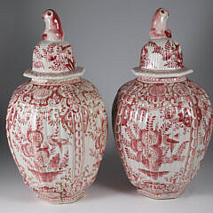 Pair of Rouge Delft Ceramic Covered Temple Jars