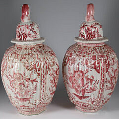 Pair of Rouge Delft Ceramic Covered Temple Jars