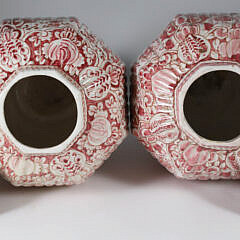 Pair of Rouge Delft Ceramic Covered Temple Jars