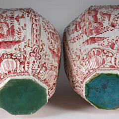 Pair of Rouge Delft Ceramic Covered Temple Jars