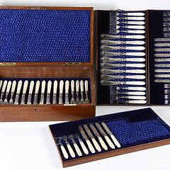 63 Piece Mother of Pearl Handled and Engraved Silver Flatware Service