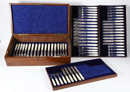 63 Piece Mother of Pearl Handled and Engraved Silver Flatware Service
