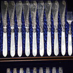 63 Piece Mother of Pearl Handled and Engraved Sheffield Silver Flatware Service