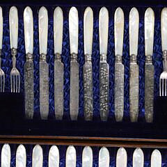 63 Piece Mother of Pearl Handled and Engraved Sheffield Silver Flatware Service