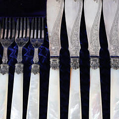 63 Piece Mother of Pearl Handled and Engraved Sheffield Silver Flatware Service