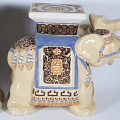 Vintage Pair of Ceramic Trumpeting Elephant Garden Stool End Tables