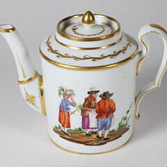 European Hand Painted “Russian Gardner” Porcelain Teapot and Cups and Saucers, early 19th Century