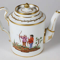 European Hand Painted “Russian Gardner” Porcelain Teapot and Cups and Saucers, early 19th Century