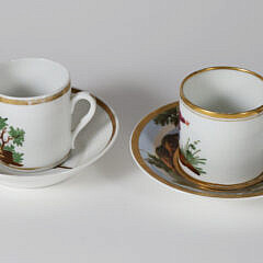 European Hand Painted “Russian Gardner” Porcelain Teapot and Cups and Saucers, early 19th Century