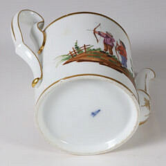 European Hand Painted “Russian Gardner” Porcelain Teapot and Cups and Saucers, early 19th Century