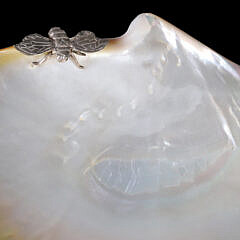 Mother of Pearl Caviar Shell Dish and Spoon Adorned with Silver Plated Bumble Bee