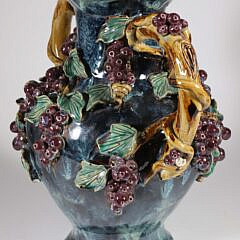 Majolica Style Grape and Leaf Two-Handle Large Vase