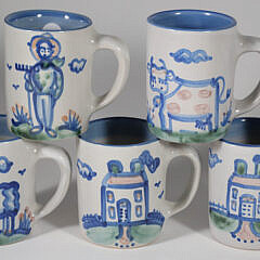 Set of Eight M.A. Hadley Hand Painted Ceramic Coffee Mugs