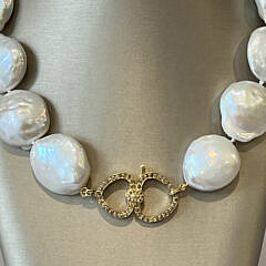Fine 26mm Lustrous Baroque Coin Pearl Necklace, Vermeil Diamond Clasp