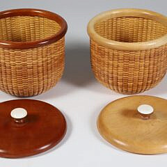 Pair Jean M. Valerio Woven Covered Round Nantucket Baskets