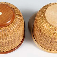 Pair Jean M. Valerio Woven Covered Round Nantucket Baskets