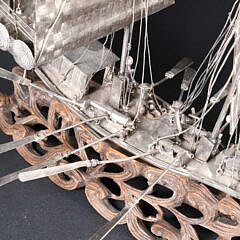 Antique Chinese Silver Model of a War Junk on Carved Teak Wood Ocean Wave Base