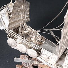 Antique Chinese Silver Model of a War Junk on Carved Teak Wood Ocean Wave Base