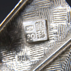 Antique Chinese Silver Model of a War Junk on Carved Teak Wood Ocean Wave Base