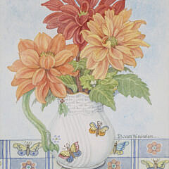Barbara Van Winkelen Watercolor “Dahlias in a Pitcher Still Life”