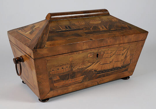 Canted Exotic Wood Burl Veneer and Inlaid Turnbridge Box 19th Century