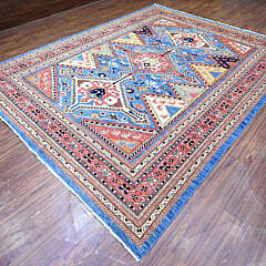 Blue Ghazni Vegetable Dye Hand Knotted Wool Shiraz Design Oriental Carpet
