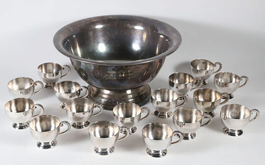 Silver Plated Punch Bowl and 16 Cups
