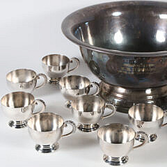 Silver Plated Punch Bowl and 16 Engraved Cups