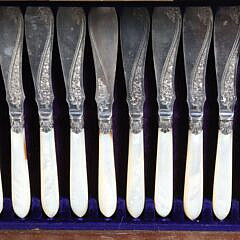 63 Piece Mother of Pearl Handled and Engraved Sheffield Silver Flatware Service
