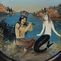 Early Ralph Cahoon Jr. Unsigned Oil on Masonite “Native American Serenading a Young Mermaid”