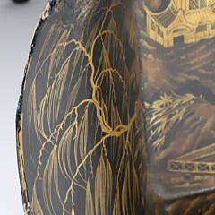 Antique Chinoiserie Black and Gilt Lacquer Tray on Later Stand