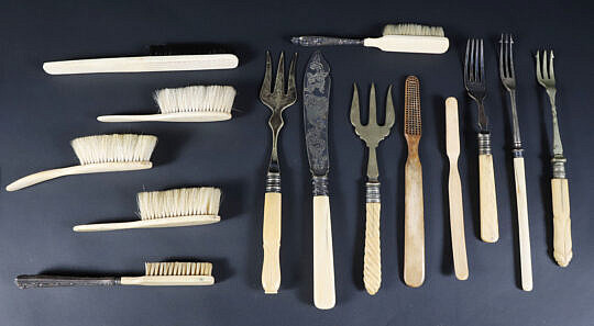 Fifteen Bone and Silver Handle Brushes and Forks, Etc.,19th Century/20th Century