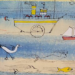 John Lochtefeld (1933-2025) Mixed Media on Board “Moby Dick and The Paddlewheeler off Nantucket”
