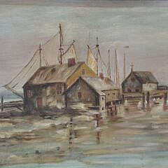 Antique Oil on Board View of Commercial Wharf Nantucket