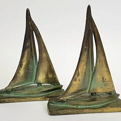 Pair of Vintage Art Deco Patinated Brass Sailboat Bookends