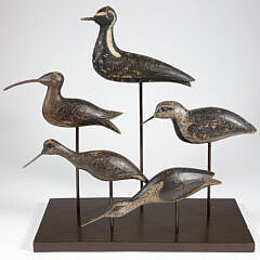 Collection of Five Antique Carved and Painted Shorebird Decoys