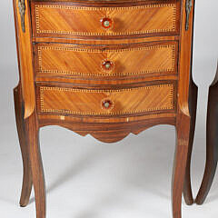 Pair of Italian Louis XV Style Marquetry Marble Top Bedside Three Drawer Night Stands