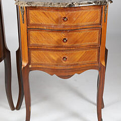 Pair of Italian Louis XV Style Marquetry Marble Top Bedside Three Drawer Night Stands